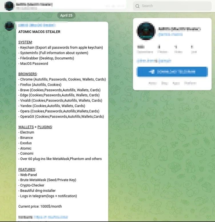 Telegram channel | source: https://9to5mac.com/2023/04/28/atomic-macos-stealer-malware-steal-passwords/